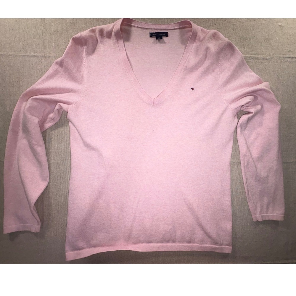 Tommy Hilfiger Pink V-Neck Sweater Womens Medium Long Sleeve Cotton Blend Knit